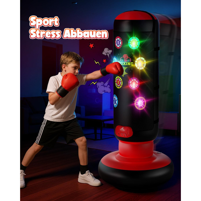 Інтерактивний боксерський мішок для дітей з музикою та світлом, стоячий, надувний, з рукавичками, для хлопчиків 6-12 років, червоний, L