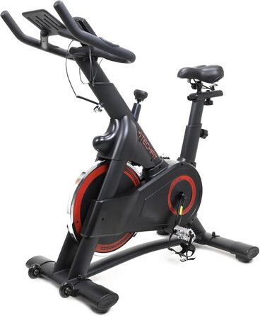 Велотренажер TechFit Professional Indoor Cycle з маховиком 20 кг, магнітним опором (99 рівнів), Bluetooth, дисплеєм, кріпленням для планшета, алюмінієвими педалями та регульованим кермом. Максимальна вага користувача: 200 кг. Розміри: 117x107x53 см