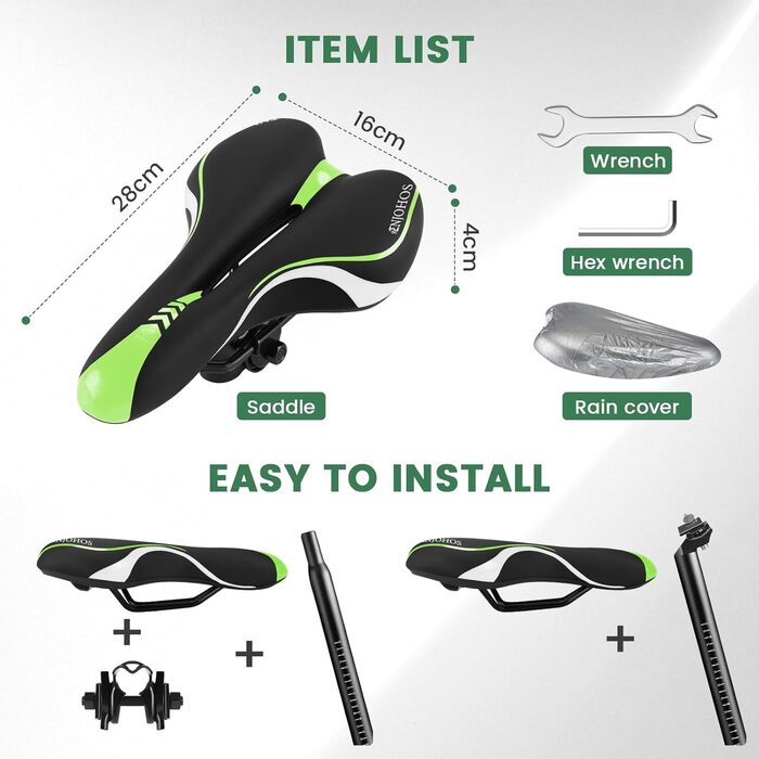 Велосипедне сідло ENJOHOS для чоловіків та жінок: комфортне, водонепроникне, з PU покриттям та ключем. Підходить для MTB, трекінгу, туризму та шосе. Зелений колір.