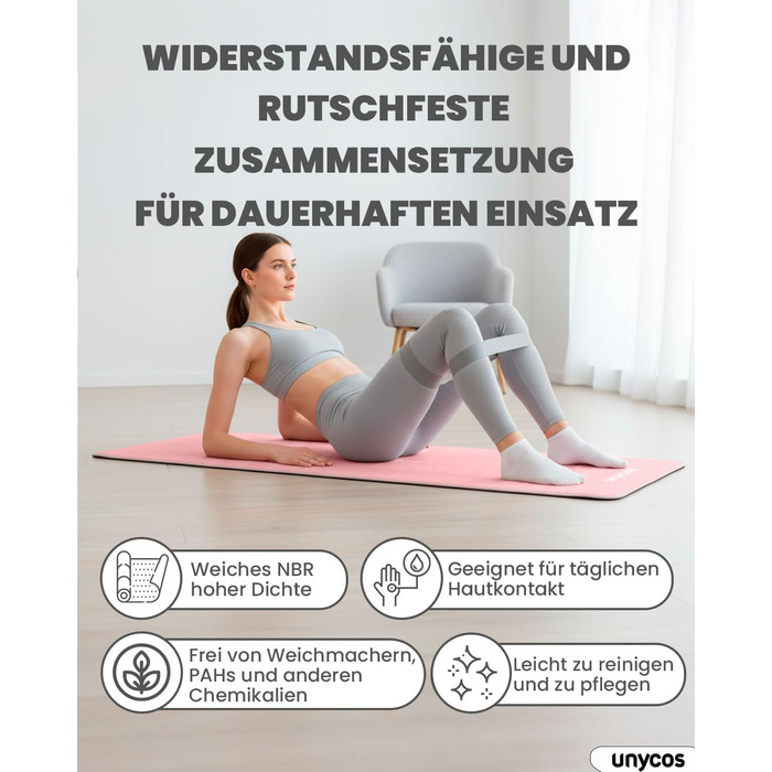 Килимок для йоги Unycos з нековзким покриттям | Щільність 6/10/15 мм, для гімнастики, з ременем для перенесення【вкл. E-Book】Фітнес-килимок для пілатесу, тренувань, гімнастики (#19 Рожевий + Сірий, 183*66*1 см)