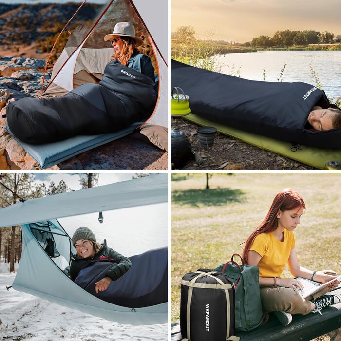 Спальний мішок WKFAMOUT Mumienschlafsack Outdoor -12°C-0°C, 500GSM, фліс, 3-4 сезони, для дорослих та дітей, чорний