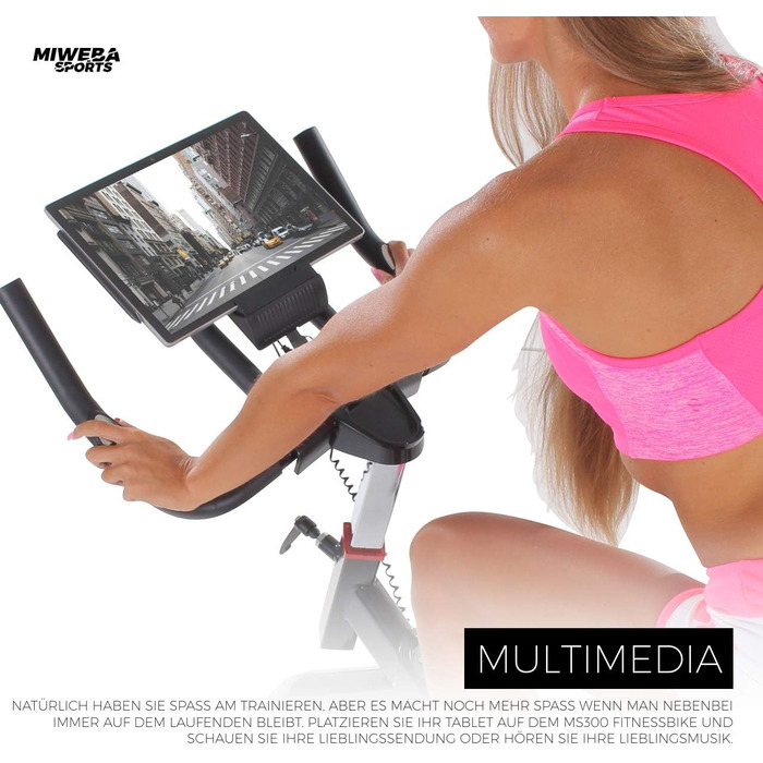 Велотренажер Miweba Sports MS300 для дому, 13 кг маховик, до 100 кг, амортизатор, тримач для планшета, транспортні ролики, регулювання, ергометр, спін-байк чорний