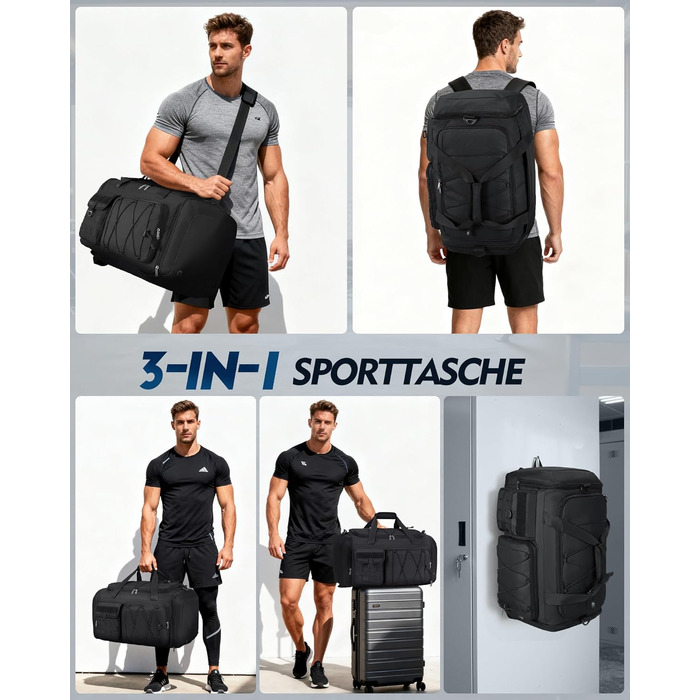 Спортивна сумка RAINSMORE 45L 3-в-1 для фітнесу та подорожей, водонепроникна дорожня сумка з відділенням для взуття та мокрих речей, чорна