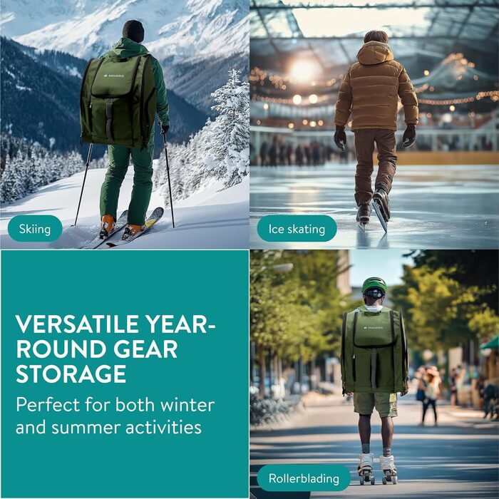 Нарис Рюкзак для лиж Зелений - Великий об'єм & водовідштовхувальне покриття - Кишенька для лижних черевиків та шолому - Ідеально для лижного спорядження.