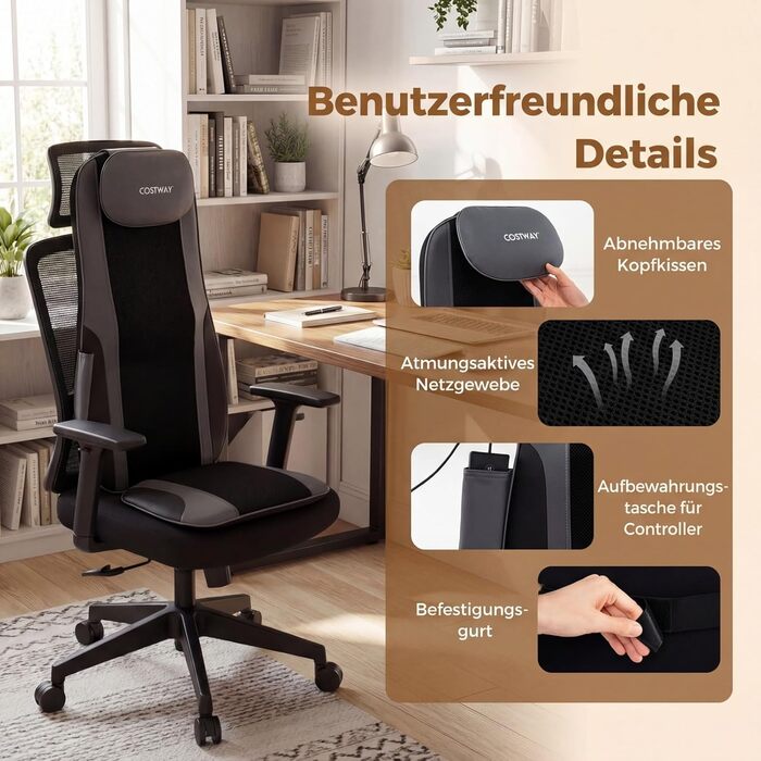 Масажна подушка Shiatsu COSTWAY з 4 роликовими вузлами та 2 вібраційними моторами, 3D масажна килимок, масажер спини з підігрівом для дому та офісу