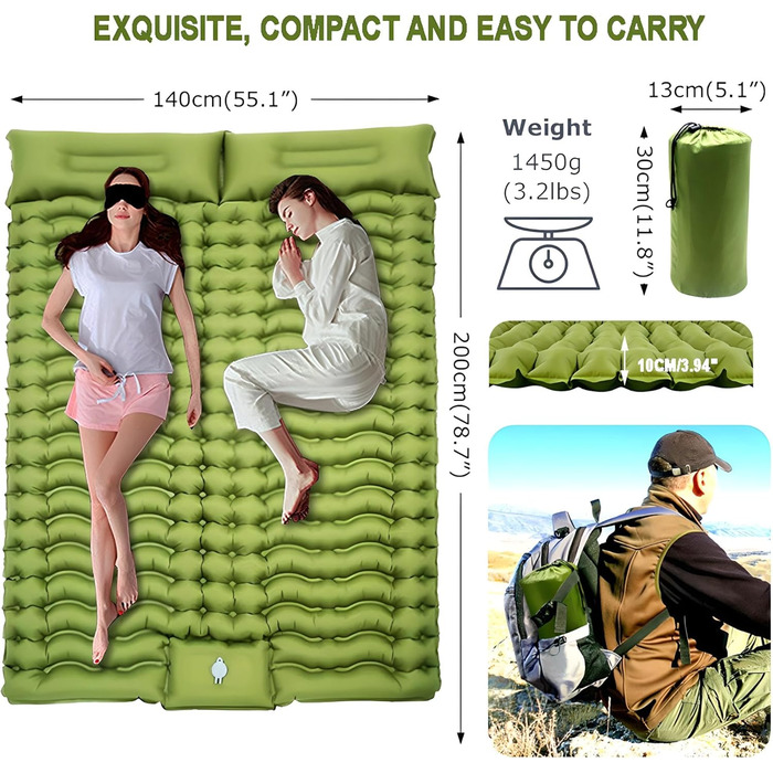 Саморозкладаний килимок для кемпінгу YuanDiann 200x140 см на 2 особи, армійний зелений, з помпою та подушкою