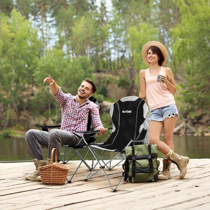 Зручний складаний стілець для кемпінгу Outtec: 130 кг, висока спинка, підсклянник, сумка, зелений (чорний)