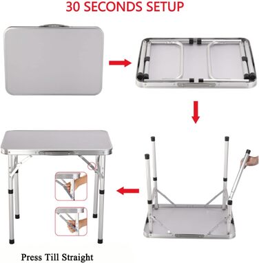 Складаний столик 60 см, портативний, для кемпінгу та пікніків, сад, на вулицю. Складаний стіл з алюмінієвим каркасом, регульована висота, 60 x 45 x 26 см, білий
