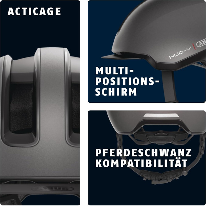 Велошолом ABUS HUD-Y Urban з магнітним LED-ліхтарем, магнітна застібка, для міста, для жінок і чоловіків, розмір L (57-61 см), титан/червоний