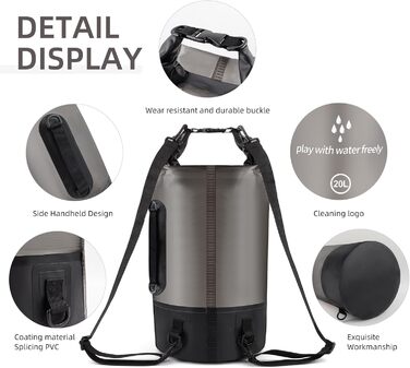 Водонепроникний мішок Drysack 20 л Roll-Top з кишенею для телефону – для каякінгу, човнів, походів, рафтингу, плавання, кемпінгу та риболовлі (Чорний)