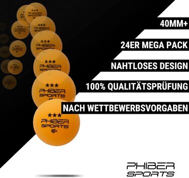 PHIBER-SPORTS 24 тенісні м'ячі для настільного тенісу - 3 зірки 40+ Premium помаранчеві – ідеальні ігрові характеристики. Підходять для початківців, сімей та професіоналів. Відповідають правилам змагань