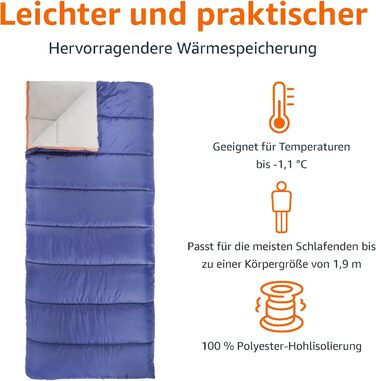 Спальний мішок Amazon Basics 4 сезони, для холодної та теплої погоди, для кемпінгу та піших прогулянок, прямокутний, блакитний