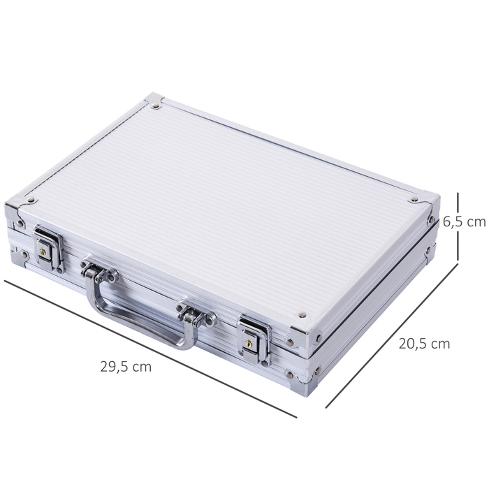 Набір для покеру HOMCOM: 200 фішок, 2 колоди карт, 5 кубиків, алюмінієвий кейс. Розміри: 29,5 x 20,5 x 6,5 см. Матеріал кейсу: алюміній + пінополістирол.