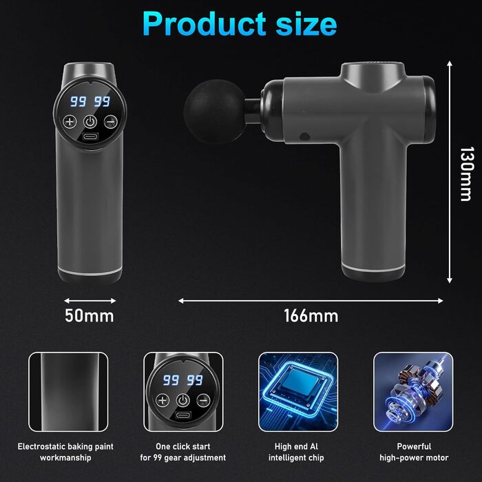 Масажер для м'язів з 99 швидкостями та 8 насадок, LCD-дисплеєм, USB-C зарядкою, для глибокого масажу та розслаблення м'язів (сірий)