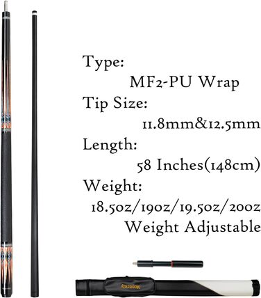 Професійний більярдний кий Moyerely з карбону, 11.8/12.5 мм, низька відбиваність, з чохлом MF1-PU Wrap + подовжувач (MF2-PU Wrap + подовжувач, 12.5 мм)
