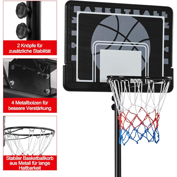 Баскетбольне кільце Yaheetech з регульованою висотою на стійці з колесами для вулиці та приміщення 264 см