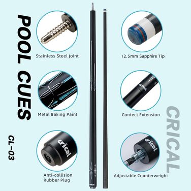CRICAL Billardqueue з карбонового волокна, 12,5 мм наконечник, 147,3 см, професійний пул-стик для дорослих, повна карбонова технологія, низька деформація, комплект більярдних стиків