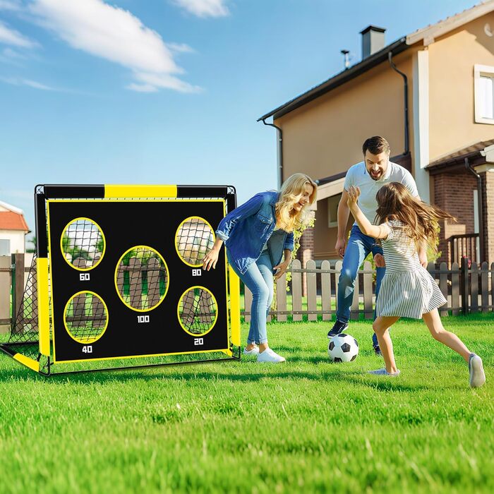 Дитячі воріта для футболу 2-в-1, 150х120 см, портативні та стабільні, з 5 цілями, 4 анкери та сумка, для саду, парку, пляжу (жовті)