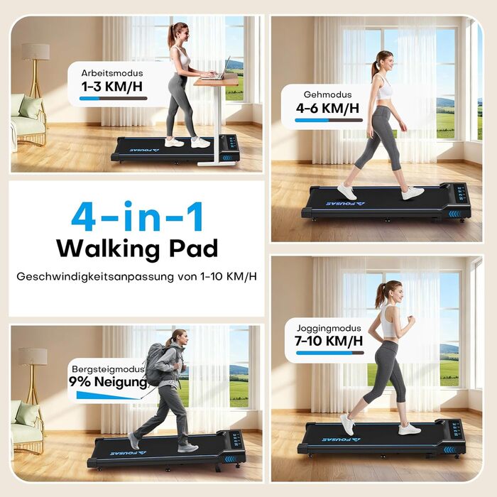 Walking Pad Laufband для дому 4-в-1: біговий стіл з підйомністю 9%, безщітковий двигун 2.5HP, LED-дисплей, пульт дистанційного керування, 12 HIIT-програм, до 150 кг, без встановлення, чорно-синій, з режимом повноекранного відображення