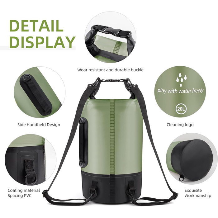 Водонепроникний мішок-сумок Dry Sack 20 л Roll-Top від GES, з кишенею для телефону, для каякінгу, човнів, походів, каное, рафтингу, плавання, кемпінгу та риболовлі (армійний зелений)