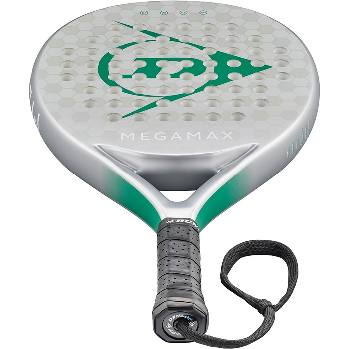 Ракетка для падел Dunlop Megamax Silber/Schwarz/Grün: Графітовий каркас, м'який серцевинний наповнювач Pro Eva, для початківців, кругла форма