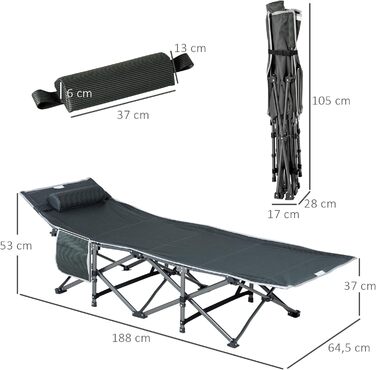 Розкладне туристичне ліжко Outsunny з подушкою та кишенею, сіре, 188 x 64,5 x 53 см, до 150 кг