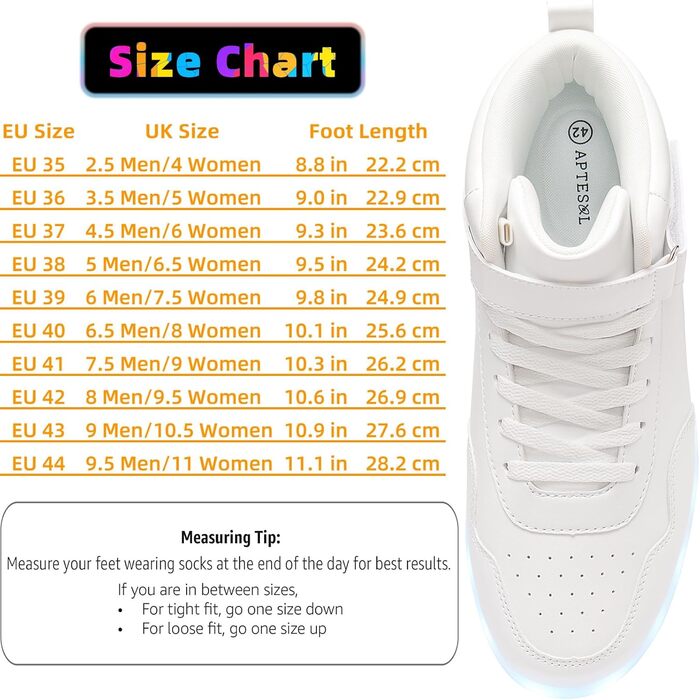 APTESOL LED кросівки високі, світлодіодні, USB зарядка, для жінок та чоловіків (36 EU, білі)