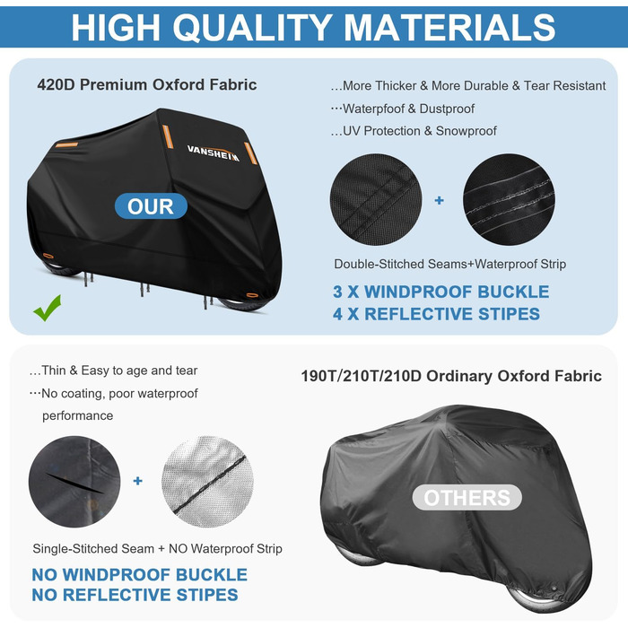 Водонепроникний чохол для мотоцикла VANSHEIM 220x105x125 см, 420D Oxford, зимовий, для скутера/моторолера
