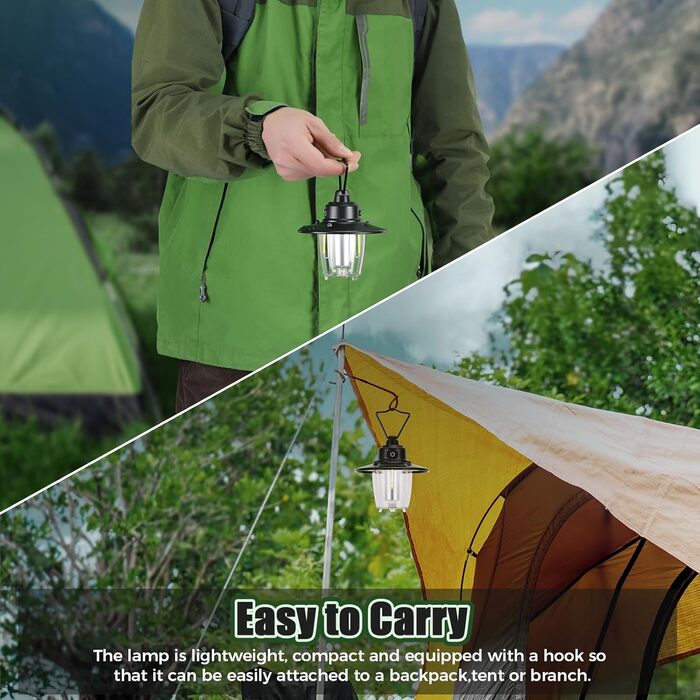 LED кемпінгова лампа: перезарядна, портативна, з гачком, ретро-дизайн, 3 режими світла, регулювання яскравості, 2800 mAh, IP65, для намету, кемпінгу, надзвичайних ситуацій