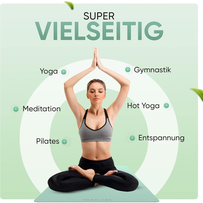 YOGALABS® Преміум йога-мат STUDIO 185x68x0,4 см, екстра великий, антиковзкий, з ременем, ECO PU та натуральний каучук, для гімнастики та пілатесу, екологічний, без шкідливих речовин, Agave