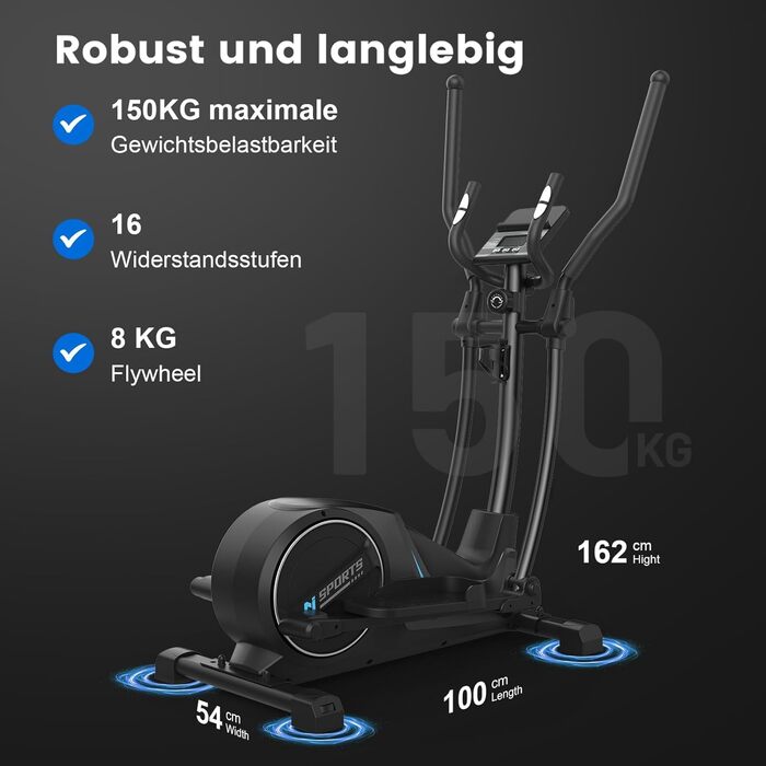 Еліпсоїдний тренажер для дому, ультратихий магнітний тренажер з 16 рівнями опору, 8 кг маховик, 42 см довжина кроку, LCD-монітор, датчик пульсу, максимальна вага користувача 150 кг, чорний колір, LCD монітор (Classic)