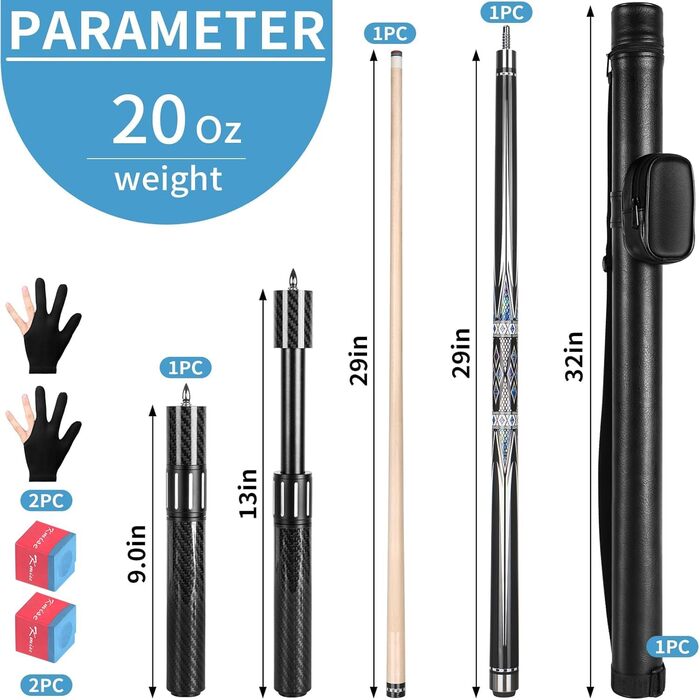 Більярдний кий Kmise Professional – 19, 20, 21 oz, з канадського клена, низька бія, карбоновий телескопічний подовжувач, для дорослих, 20 oz (566g), чорний