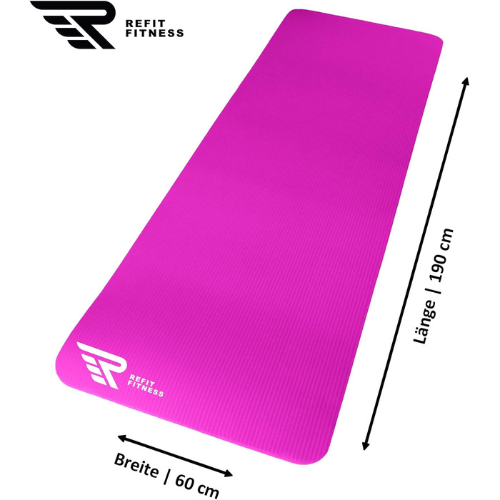 Килимок для гімнастики та йоги REFIT FITNESS Profi 190 x 60 см з PainProtect & SmartCell NBR, 10-15 мм. Нековзкий, для пілатесу, фітнесу, гімнастики. У комплекті: сумка, ремінь. Колір: фуксія