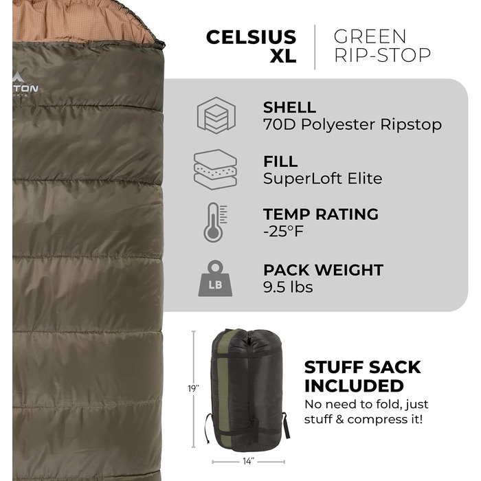 Сплячий мішок Teton Sports Celsius XL -32°C/-25°F з безкоштовним компресійним мішком, сірий (ліва блискавка)