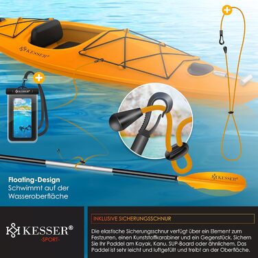Весло KESSER® Paddle Doppelpaddel з 4 частин для каяка, SUP, стенд-ап паділбордингу, 228 см, алюміній. Підходить для надувного човна, весло для стенд-ап паділбордингу. В комплекті: страховий шнур, чохол для телефону, надувне весло Orange