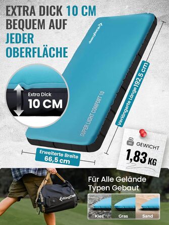 Кемпінговий килимок KingCamp R4.9 з memory foam, 10см, 4-сезонний, надувний, для кемпінгу та подорожей, блакитний