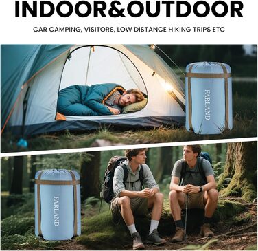 Спальний мішок FARLAND для дорослих, підлітків та дітей, до +6.7°C, 3-4 сезони, водонепроникний, з компресійним мішком, для кемпінгу, походів та рюкзаків, розмір Medium (87'x 29.5'), колір блакитний (R Zip)