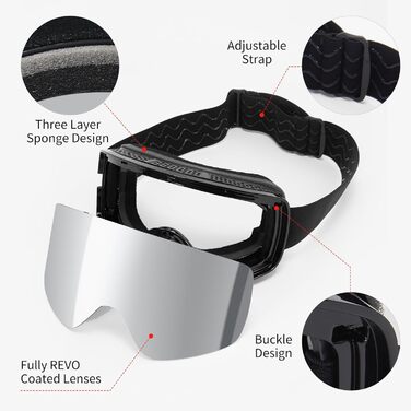 Скі-маска JQF Gear для унісекс, YH227 сноуборд маска OTG з антиковзним ремінцем, захист від УФ, антитуманність, скі-маски повністю покриті REVO, регульовані скі-окуляри для катання на лижах (09-Срібло/Чорний+Лінза (VLT13%))