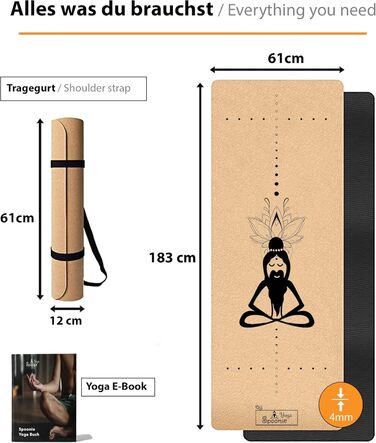 Преміум йога мат з корку Spoonie Yoga® з натурального каучуку - екологічний, неслизький, без шкідливих речовин, з ремінцем для перенесення | для йоги, пілатесу, фітнесу | 4 мм товщина