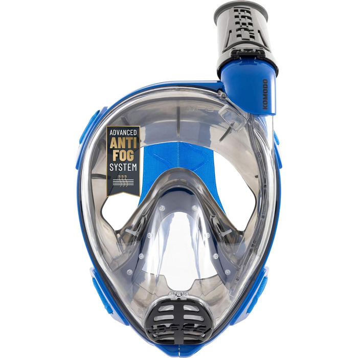 Маска для снорклінгу CRESSI Komodo Full Face Dry – повна маска з широким оглядом 180°, захист від CO2, антизапітніюче силікон, бічний трубка, регульовані стрічки (M/L, синій/чорний)
