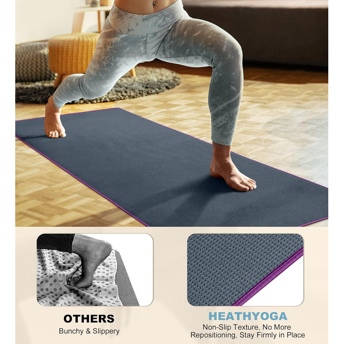 Килимок для йоги Heathyoga з антиковзким покриттям та рушником, не слизький (для мокрого використання), з високою адгезією (силіконове покриття), ідеальний для гарячої йоги, Аштанга