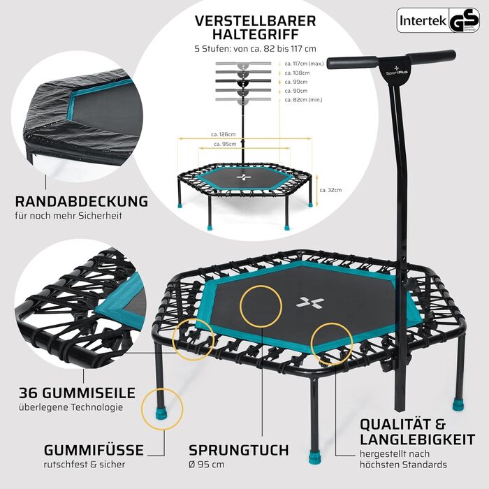 Трамплін для фітнесу SportPlus з тихим гумовим пружинним механізмом, до 130 кг, турквіс, не складається