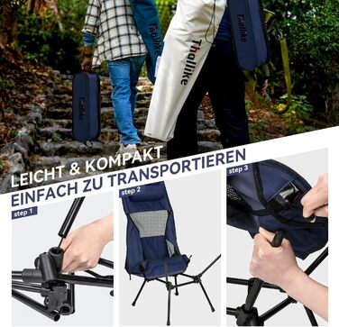 Складний туристичний стілець Hochlehner з підголівником, 150 кг, ультралегкий, портативний, для кемпінгу, риболовлі, пляжу, відпочинку на природі та піших прогулянок (Indigoblau)