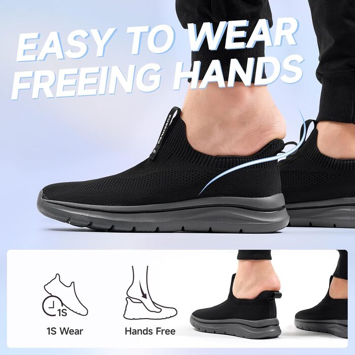 Сліпони чоловічі Sosenfer: дихаючі кросівки без шнурівків, зручні спортивні та прогулянні, сірі та чорні (46 EU)