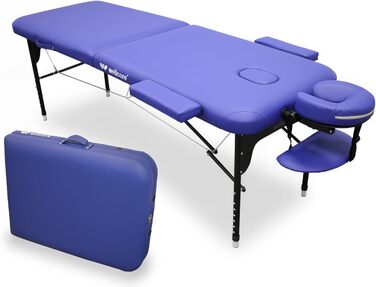 Розкладне масажне ліжко WELLCORE алюмінієве, 1865x65 см, регульоване, з підголівником, отвором для обличчя, бічними підлокітниками, штучна шкіра, синє, до 225 кг, з рюкзаком для транспортування