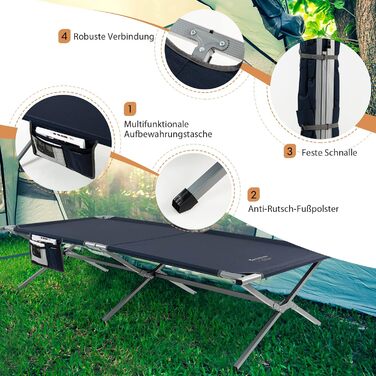 Розкладне ліжко для кемпінгу COSTWAY XXL, 214.5 x 106 см, з кишенею, до 150 кг, у комплекті сумка, блакитне розкладне ліжко для відпочинку