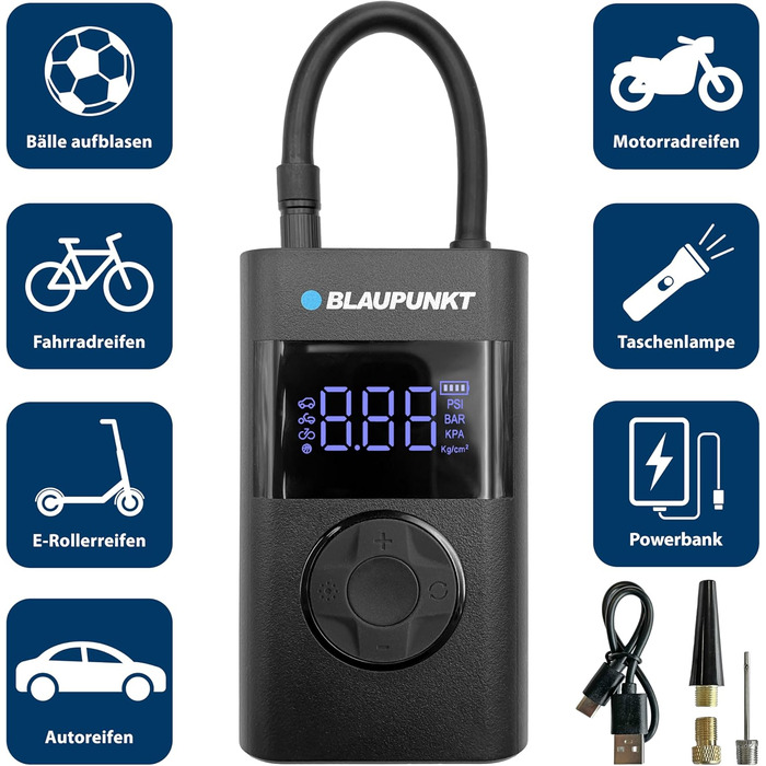 Портативний акумуляторний компресор Blaupunkt TPM 124 для накачування шин авто, велосипедів, мотоциклів і м'ячів, з функціями павербанку та ліхтарика, чорний