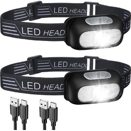 LED налобний ліхтар NREDXOON з акумулятором, USB-C, 5 режимів освітлення (включно з червоним), IPX4, водонепроникний, надзвичайно яскравий для кемпінгу, бігу, DIY та надзвичайних ситуацій (2 шт.) Чорний