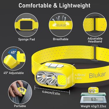 Кепка-ліхтар Blukar LED з 2 колірними температурами, перезарядна, 2000L, супер яскрава, з регулюванням яскравості та червоним світлом, з датчиком, 12 режимів, водонепроникна, 30+ годин роботи для відключень електроенергії/кемпінгу/бігу (жовта)