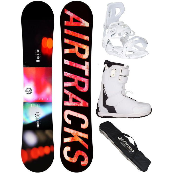 Комплект сноубордичного спорядження Airtracks для жінок: сноуборд Lights Rocker, кріплення Master W Fastec, черевики Master W QL та сумка для спорядження. Розміри сноуборда: 138, 144, 147, 154 см; черевики: 40.